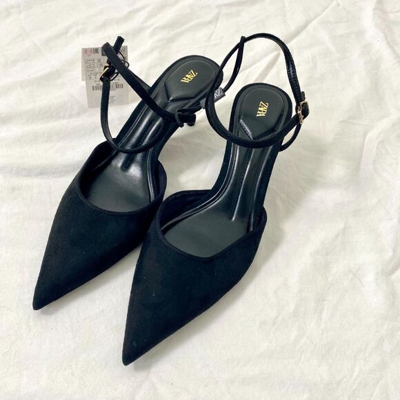 NWT Zara Vampy Black Faux Suede Slingback Gold Kitten High Heels US 8 - Picture 4 of 8